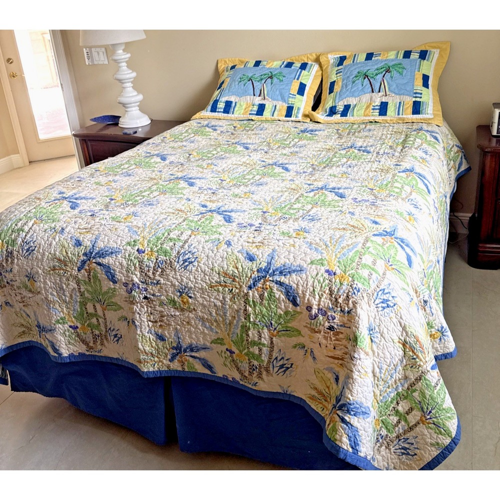 C & F Enterprise Tropical Reversible Blue Green Stripe Queen 5 Piece Quilt Set